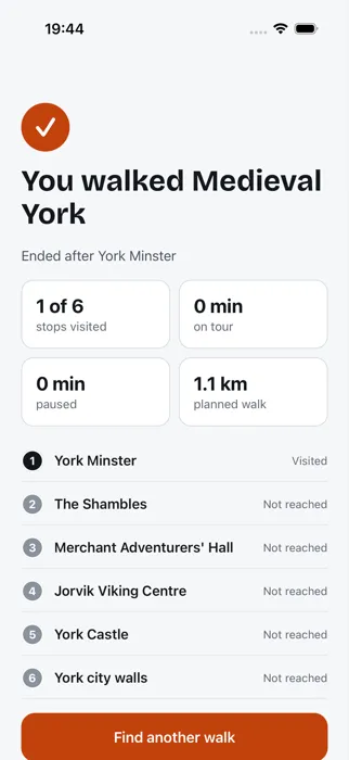 A summary of the stops, time on tour and time paused.